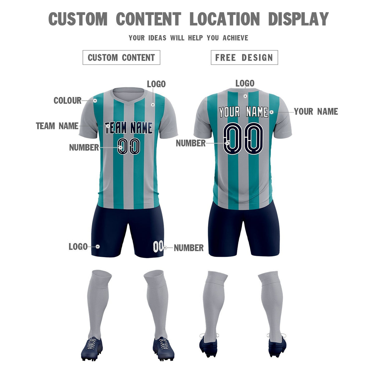 Custom Gray Aqua Vertical Stripes Casual Outdoor Football Kits Jersey