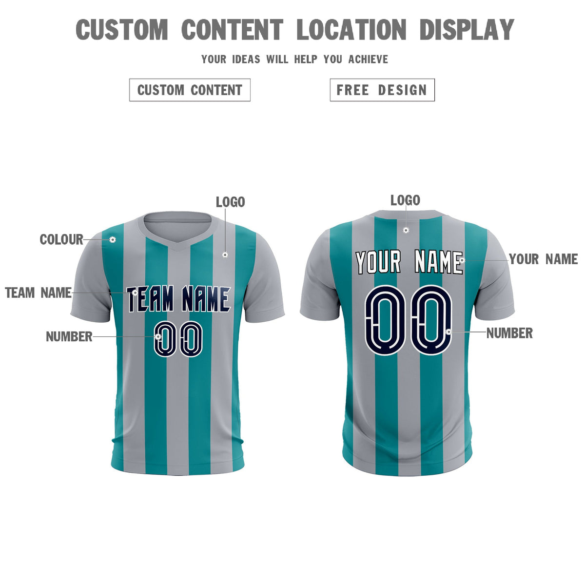 Custom Gray Aqua Vertical Stripes Casual Outdoor Football Kits Jersey