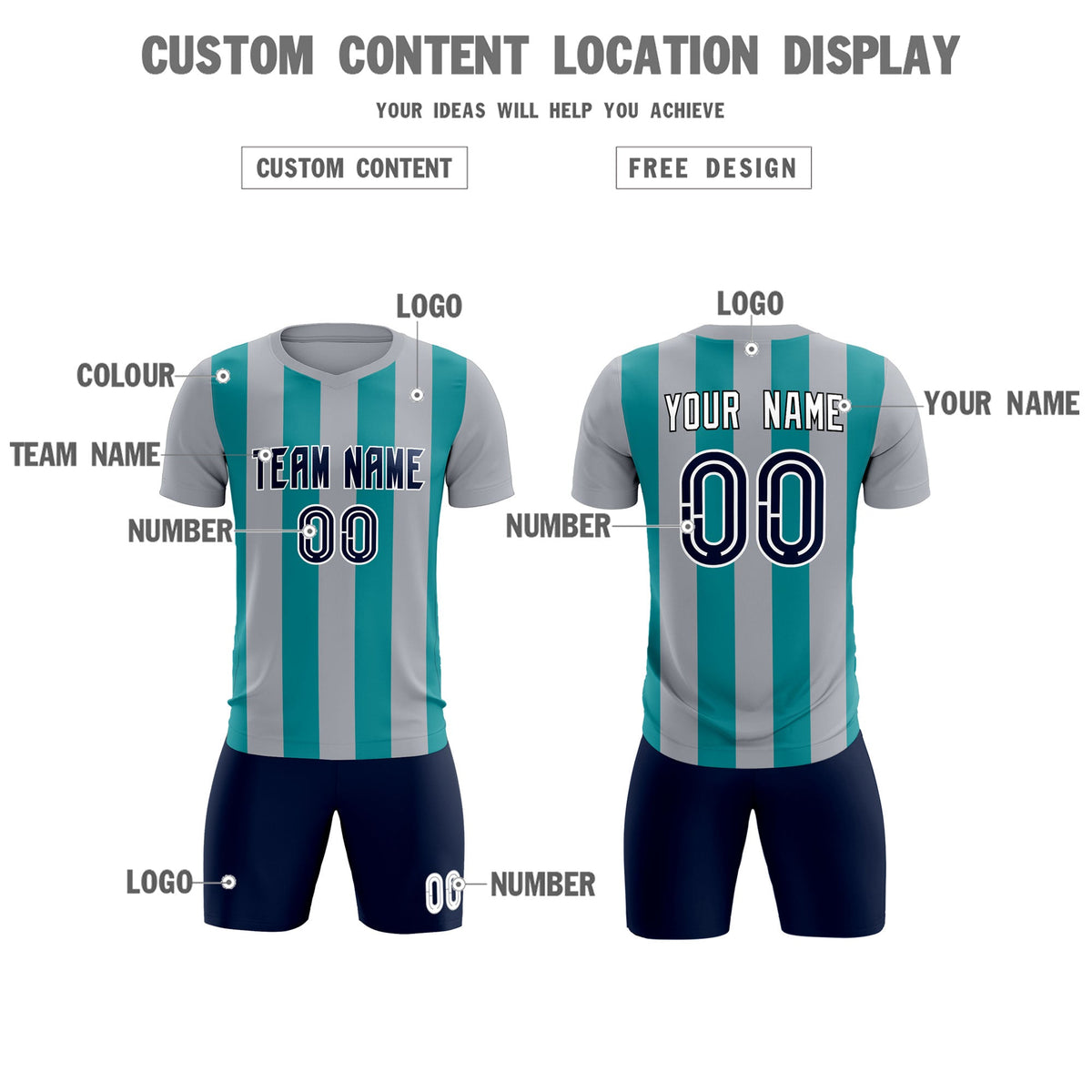 Custom Gray Aqua Vertical Stripes Casual Outdoor Football Kits Jersey