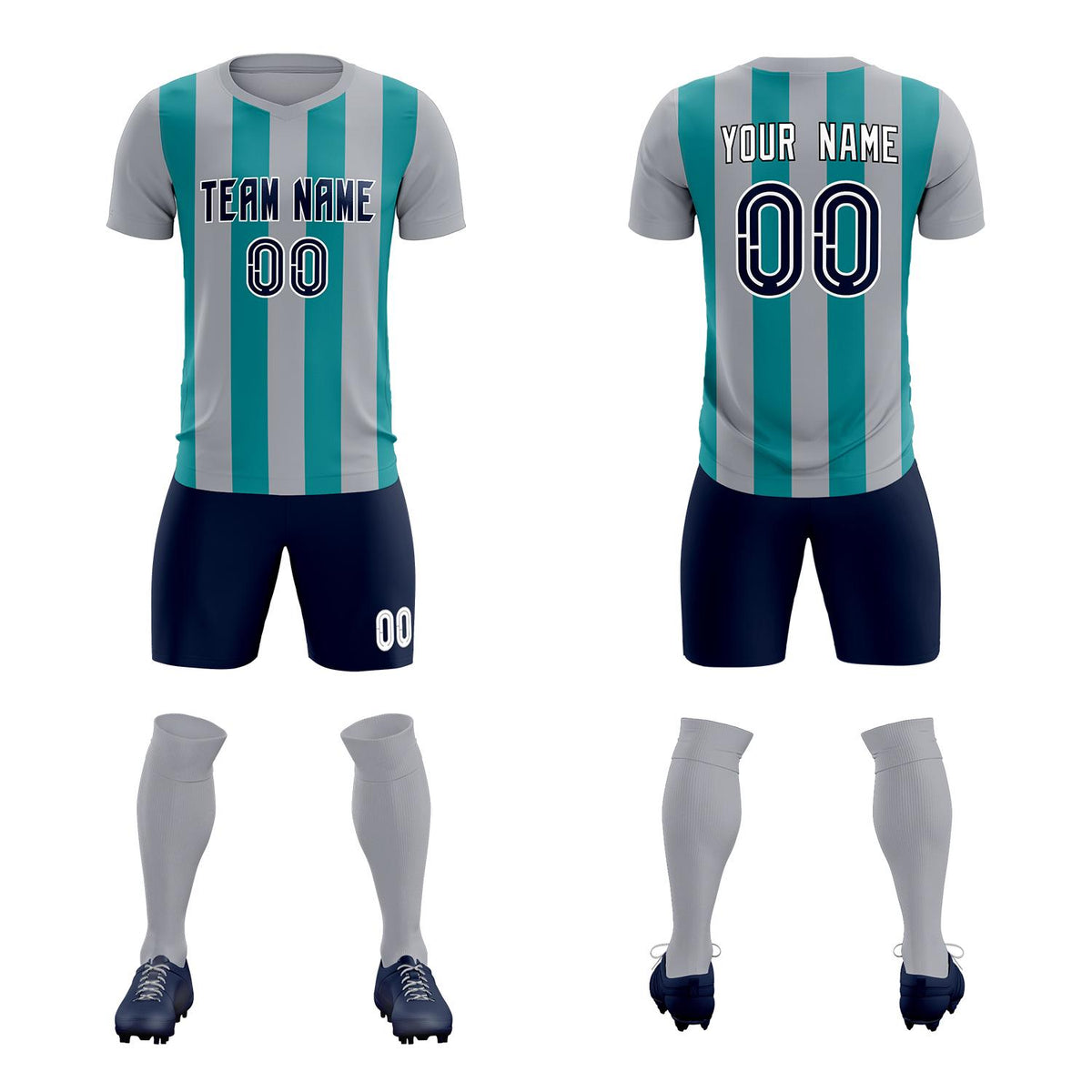Custom Gray Aqua Vertical Stripes Casual Outdoor Football Kits Jersey