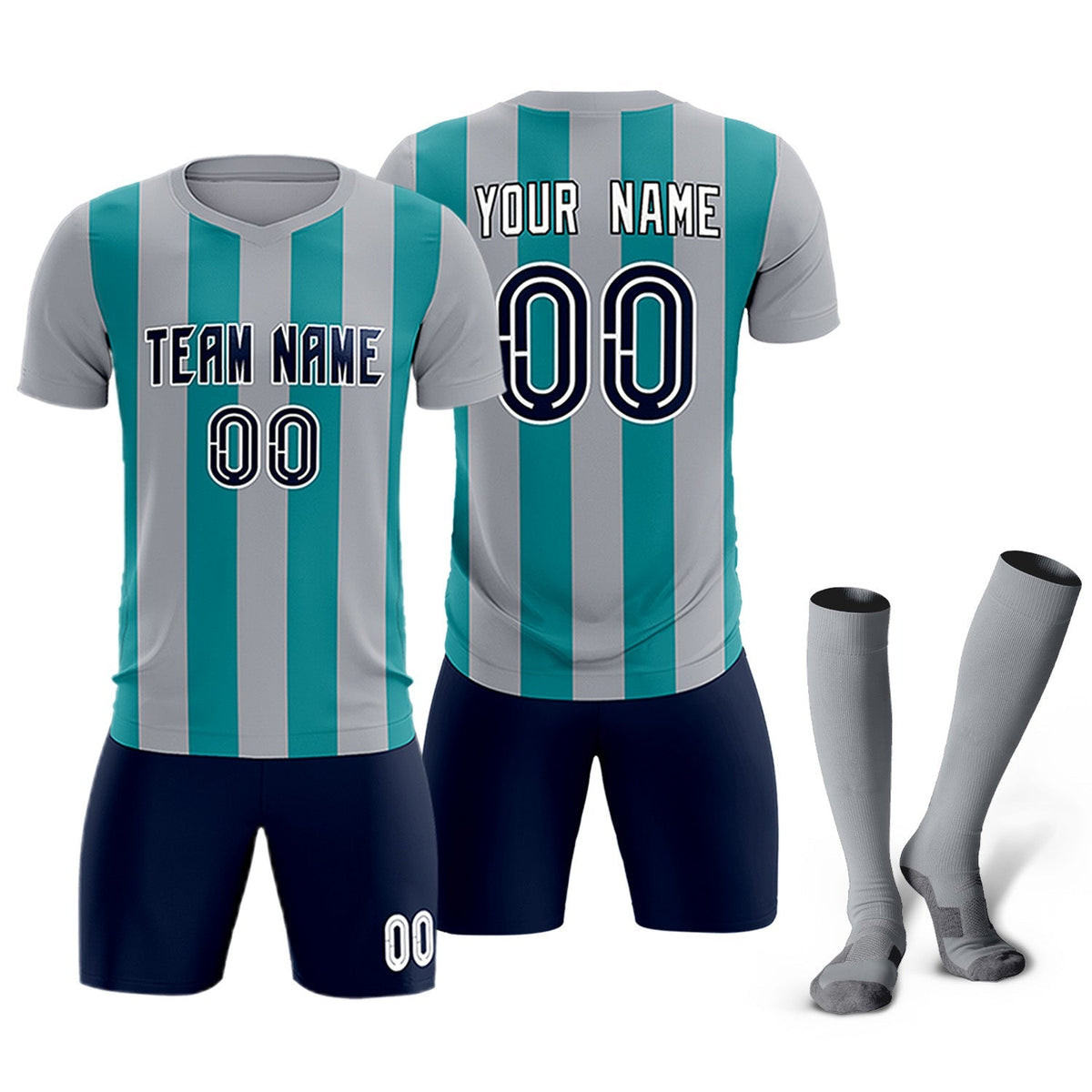 Custom Gray Aqua Vertical Stripes Casual Outdoor Football Kits Jersey