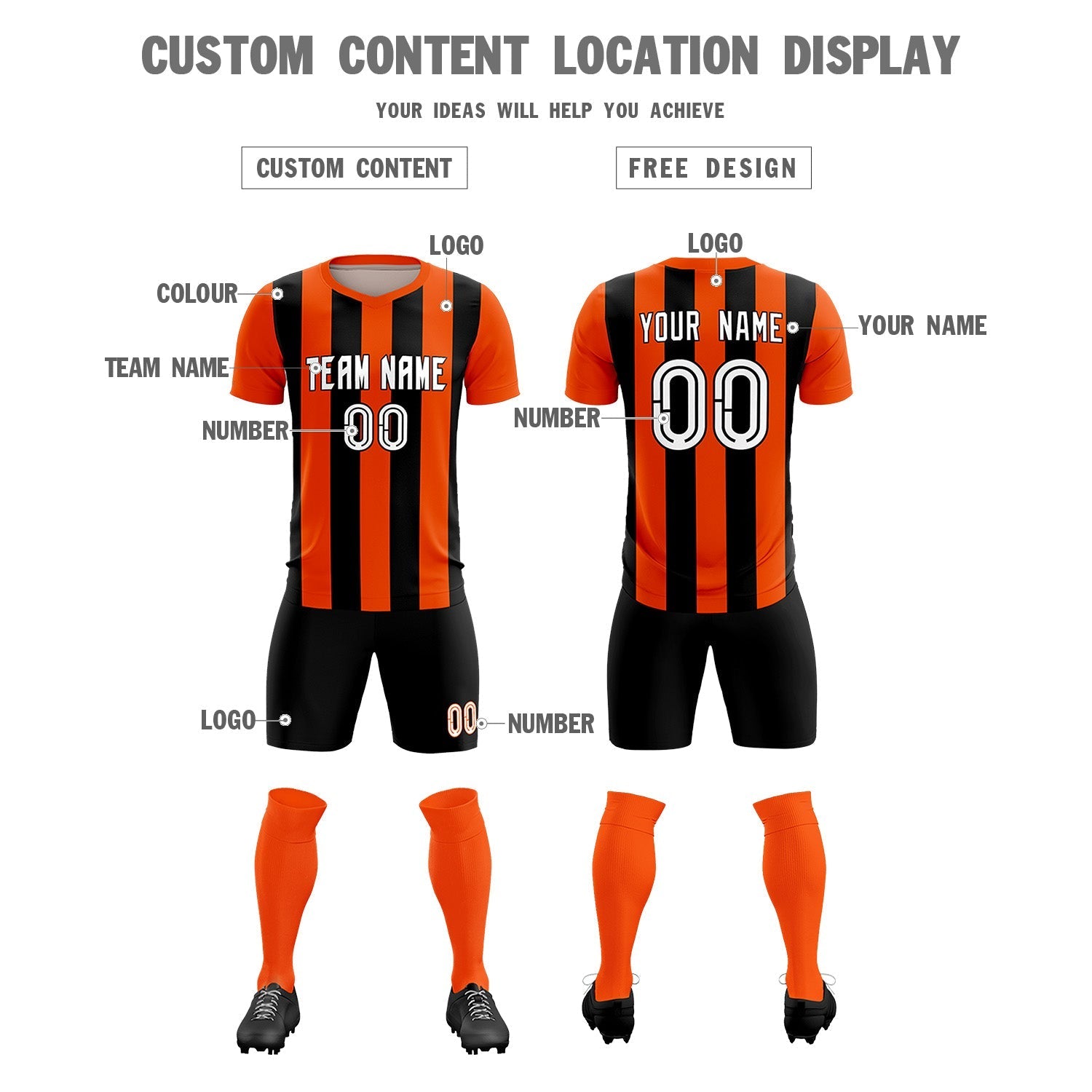 Custom Orange Black Vertical Stripes Casual Outdoor Football Kits Jersey