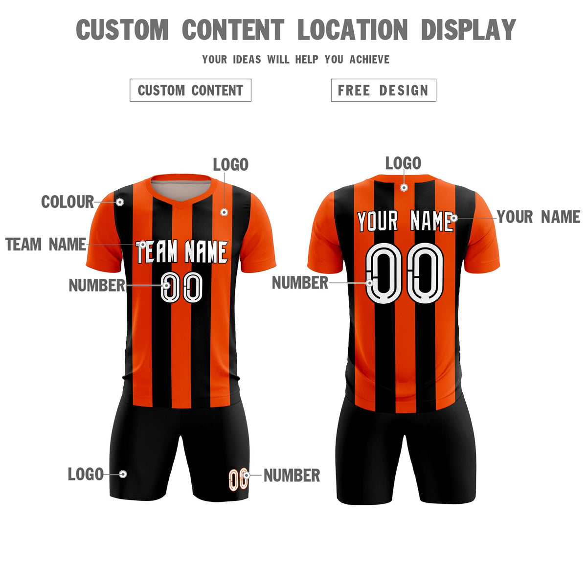 Custom Orange Black Vertical Stripes Casual Outdoor Football Kits Jersey