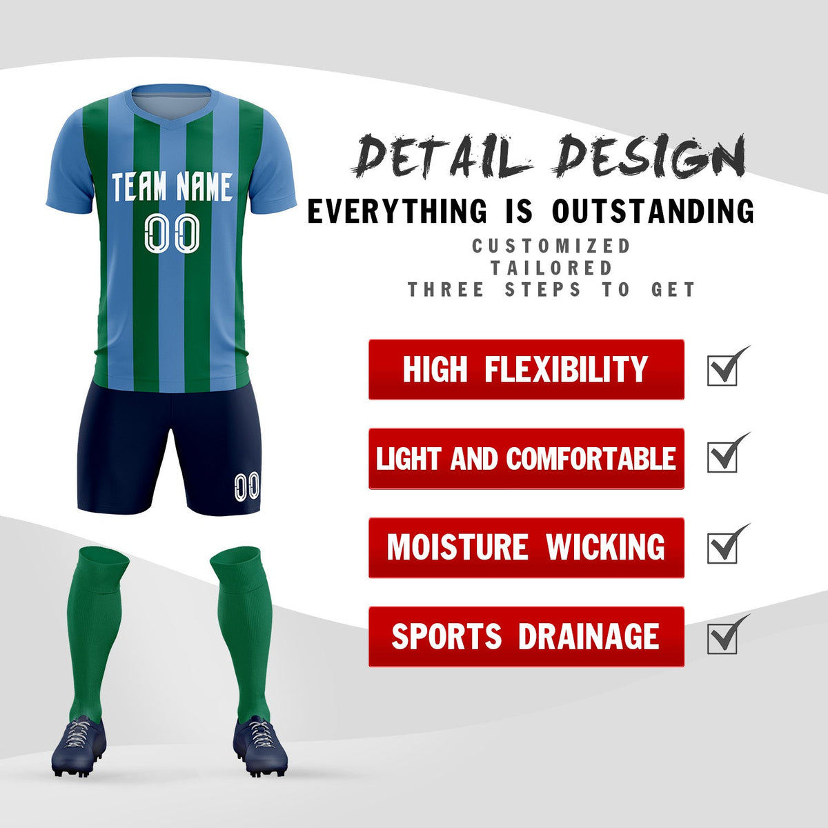 Custom Light Blue Kelly Green Vertical Stripes Casual Outdoor Football Kits Jersey