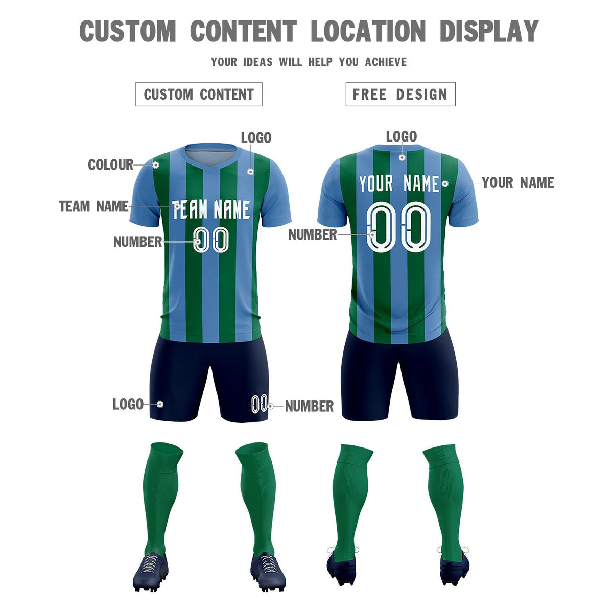 Custom Light Blue Kelly Green Vertical Stripes Casual Outdoor Football Kits Jersey