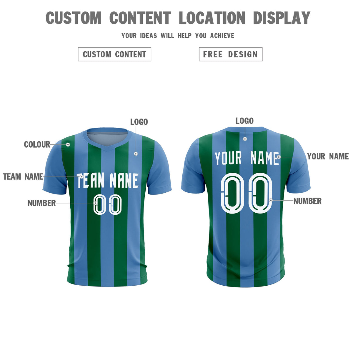 Custom Light Blue Kelly Green Vertical Stripes Casual Outdoor Football Kits Jersey