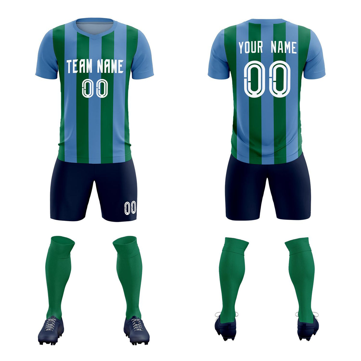 Custom Light Blue Kelly Green Vertical Stripes Casual Outdoor Football Kits Jersey