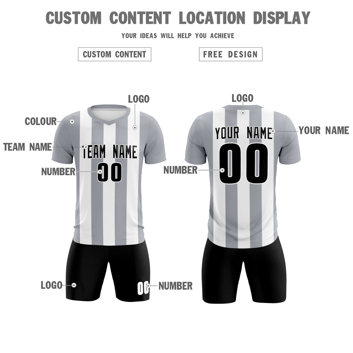 Custom White Gray Vertical Stripes Casual Outdoor Football Kits Jersey