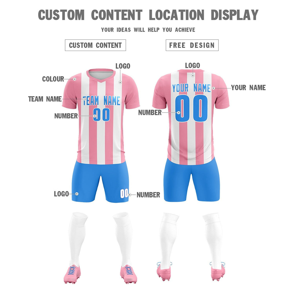 Custom White Light Pink Vertical Stripes Casual Outdoor Football Kits Jersey