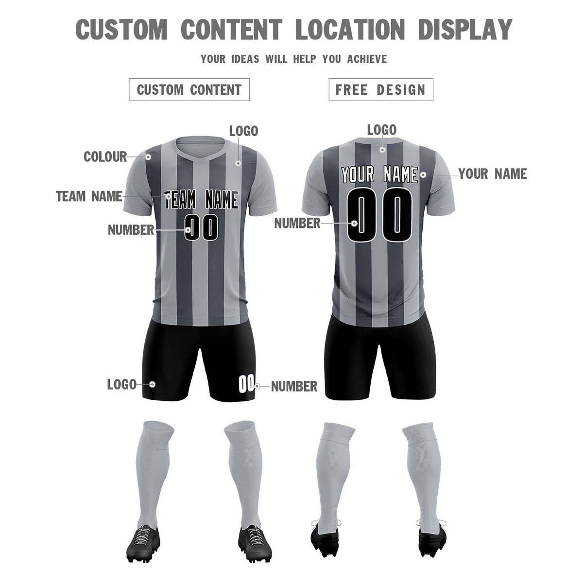 Custom Gray Dark Gray Vertical Stripes Casual Outdoor Football Kits Jersey