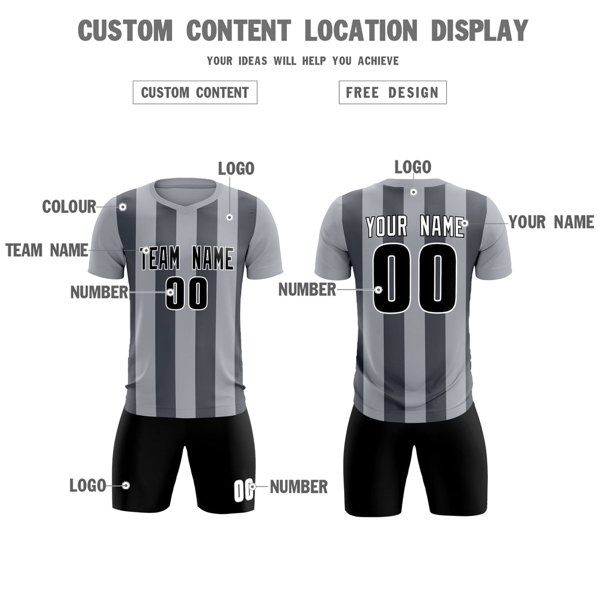 Custom Gray Dark Gray Vertical Stripes Casual Outdoor Football Kits Jersey