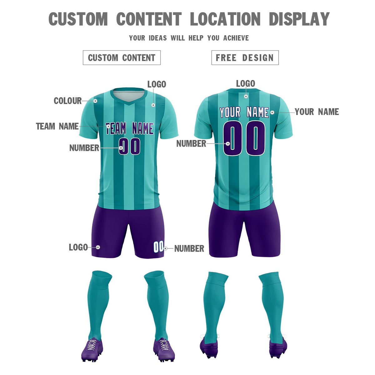 Custom Bright Green Aqua Vertical Stripes Casual Outdoor Football Kits Jersey