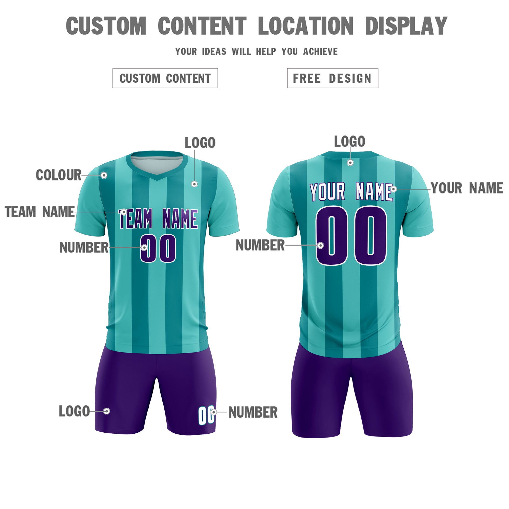Custom Bright Green Aqua Vertical Stripes Casual Outdoor Football Kits Jersey