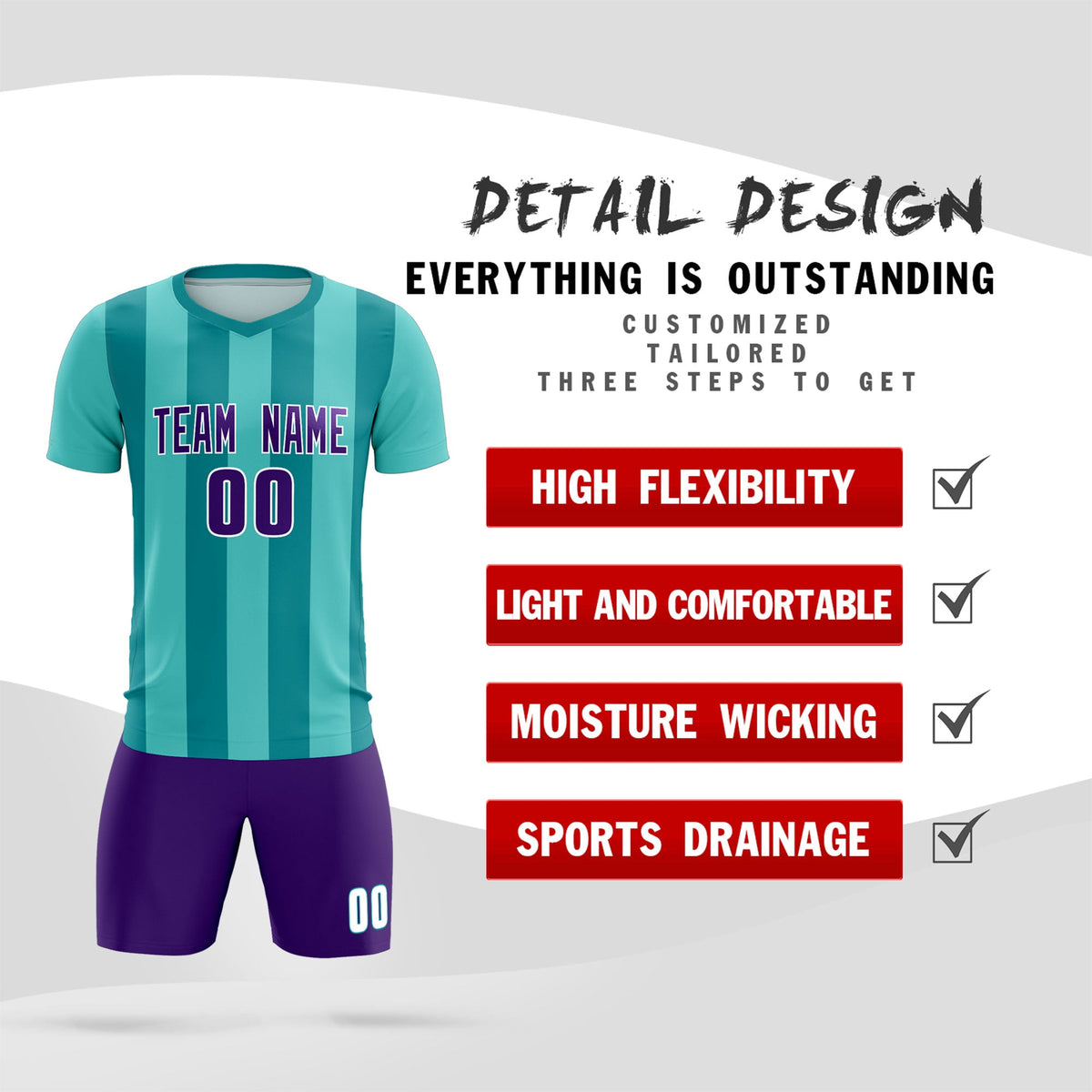 Custom Bright Green Aqua Vertical Stripes Casual Outdoor Football Kits Jersey
