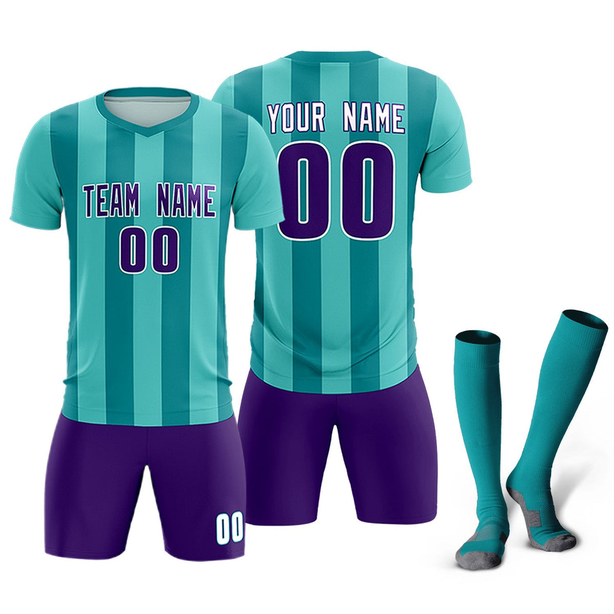 Custom Bright Green Aqua Vertical Stripes Casual Outdoor Football Kits Jersey