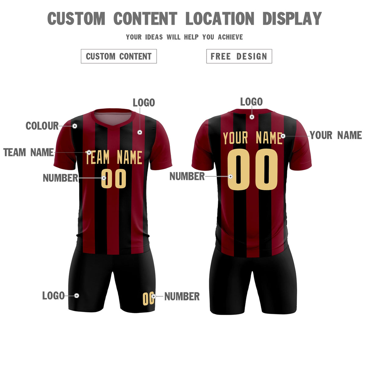 Custom Crimson Black Vertical Stripes Casual Outdoor Football Kits Jersey