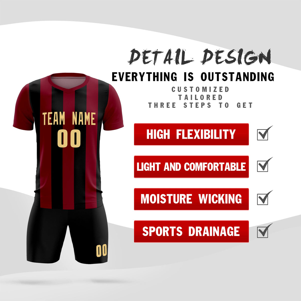 Custom Crimson Black Vertical Stripes Casual Outdoor Football Kits Jersey