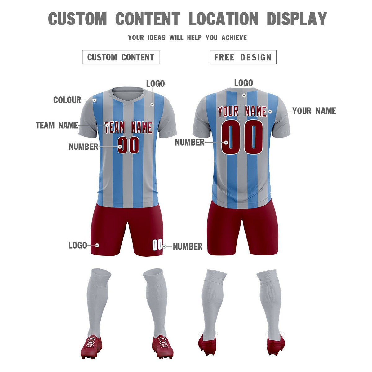 Custom Gray Light Blue Vertical Stripes Casual Outdoor Football Kits Jersey