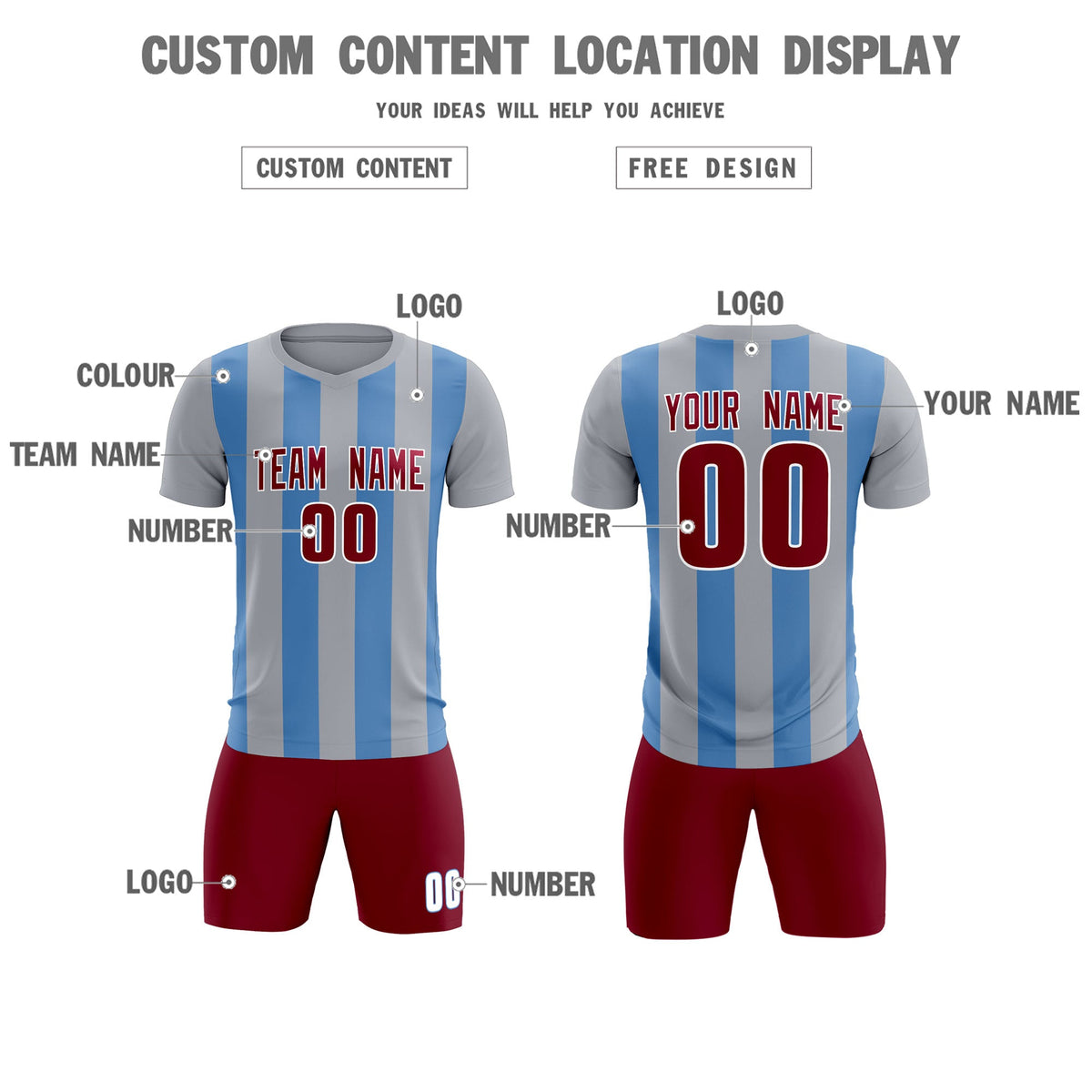 Custom Gray Light Blue Vertical Stripes Casual Outdoor Football Kits Jersey