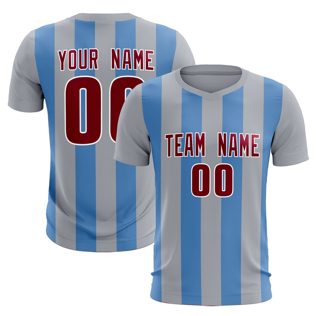 Custom Gray Light Blue Vertical Stripes Casual Outdoor Football Kits Jersey