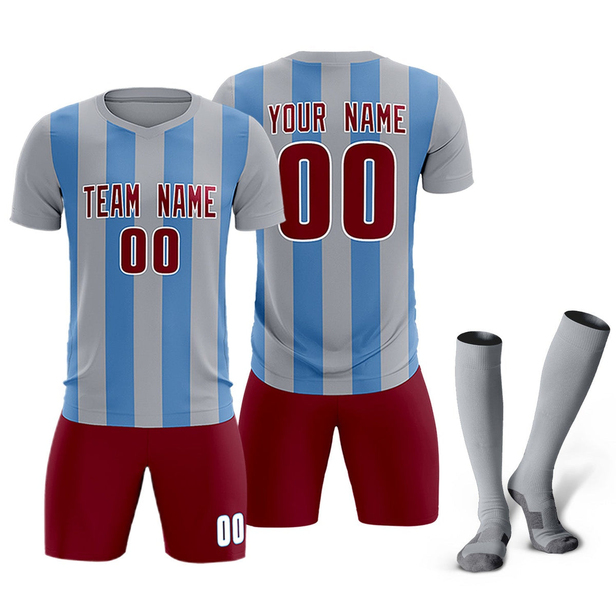 Custom Gray Light Blue Vertical Stripes Casual Outdoor Football Kits Jersey
