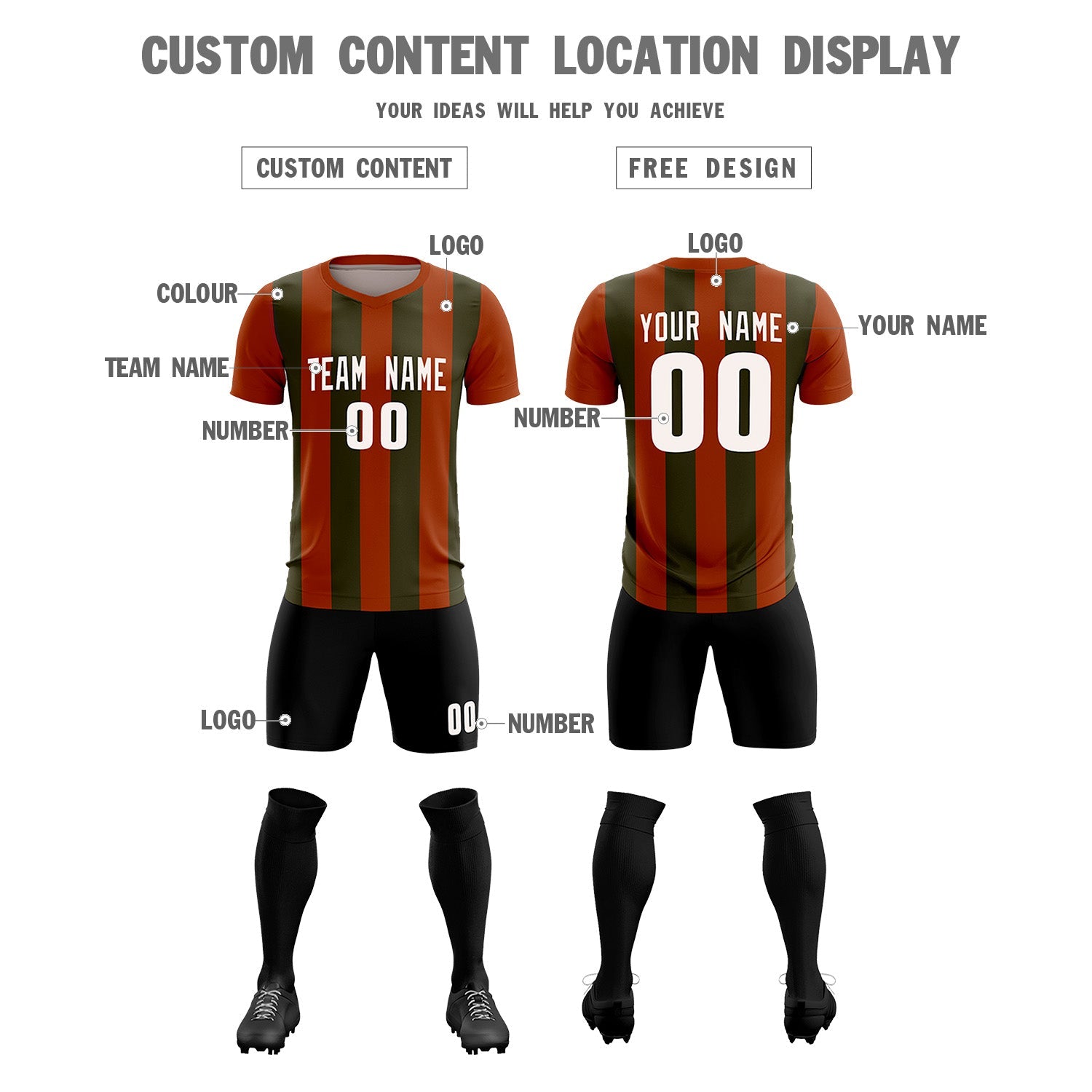 Custom Texas Orange Olive Vertical Stripes Casual Outdoor Football Kits Jersey