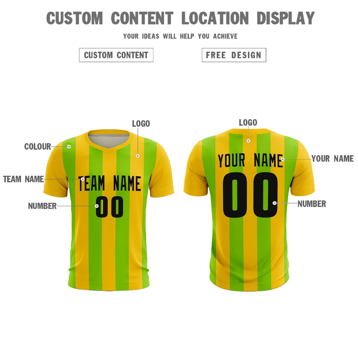 Custom Gold Neon Green Vertical Stripes Casual Outdoor Football Kits Jersey