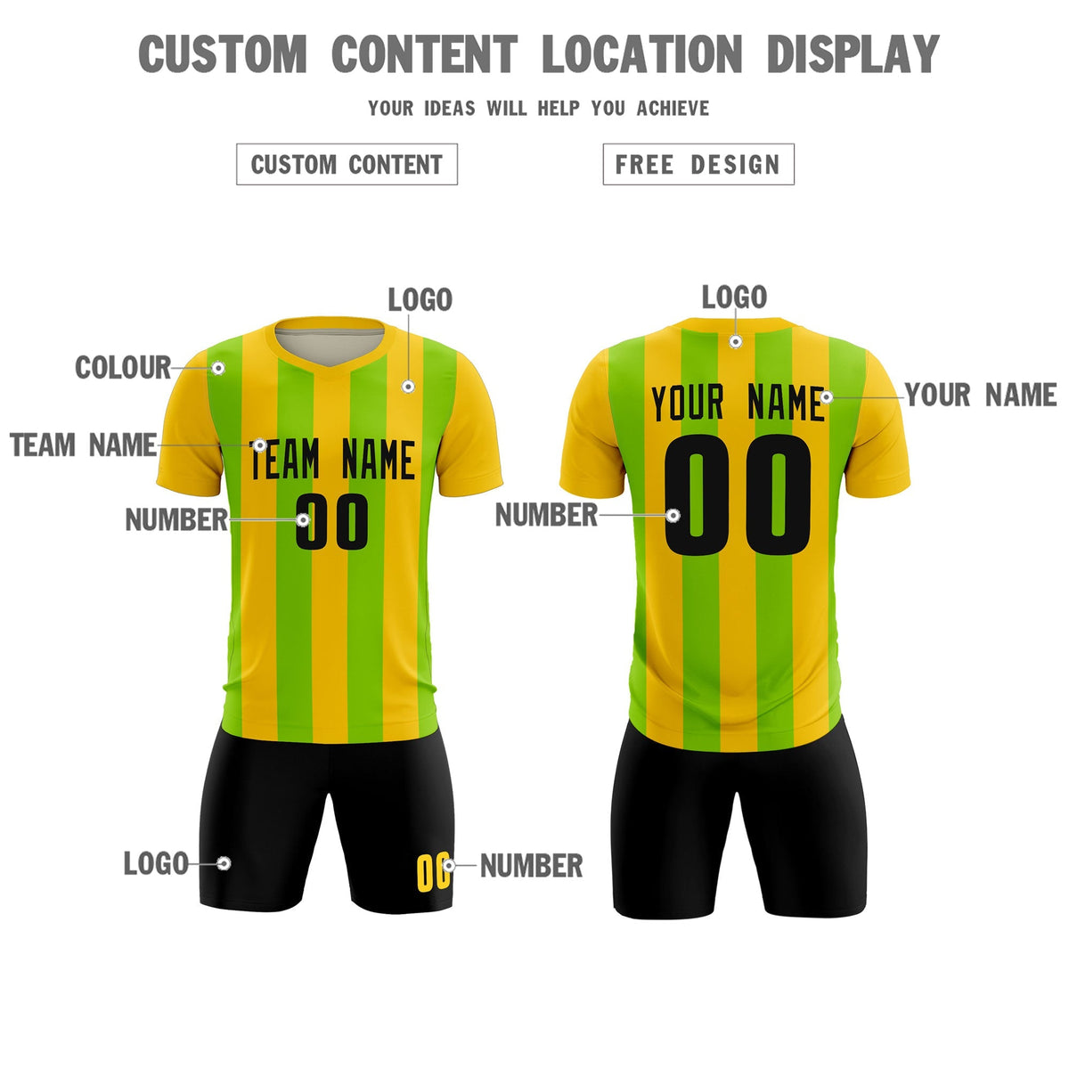 Custom Gold Neon Green Vertical Stripes Casual Outdoor Football Kits Jersey