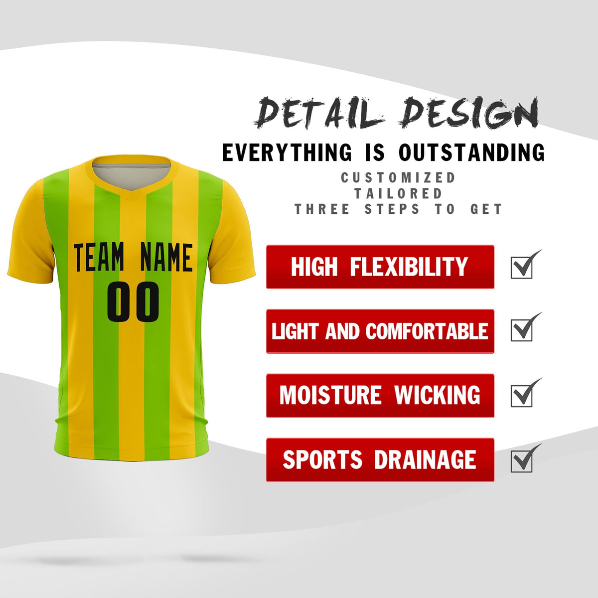 Custom Gold Neon Green Vertical Stripes Casual Outdoor Football Kits Jersey