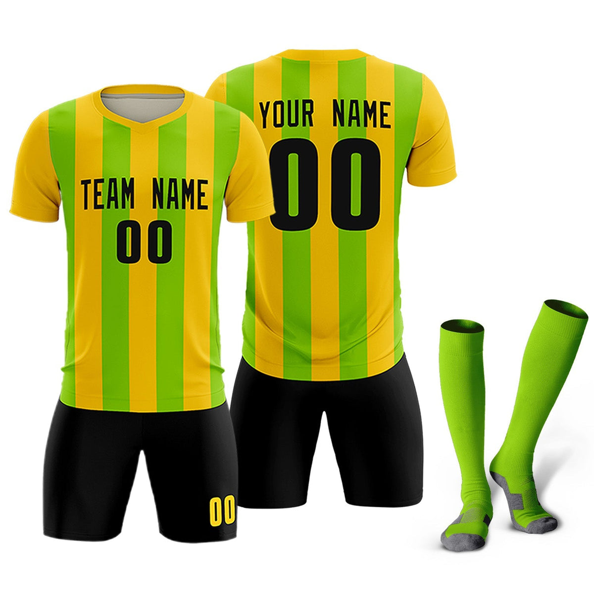Custom Gold Neon Green Vertical Stripes Casual Outdoor Football Kits Jersey