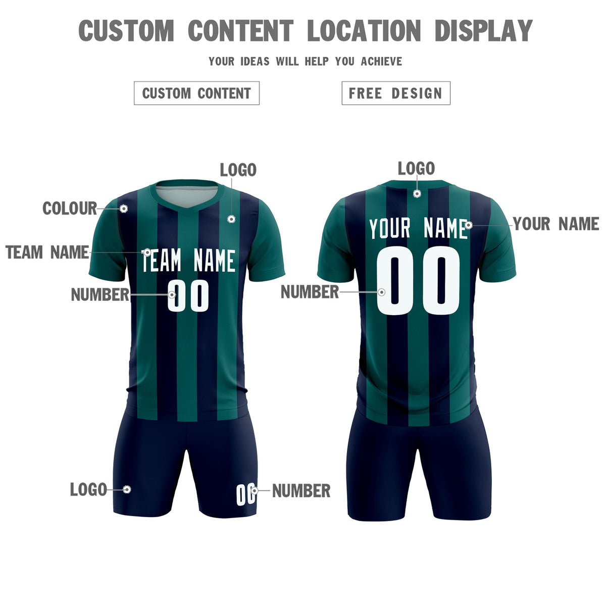 Custom Aqua Navy Vertical Stripes Casual Outdoor Football Kits Jersey