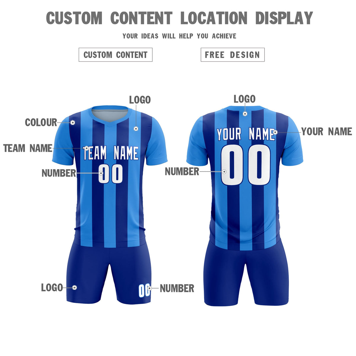 Custom Powder Blue Royal Vertical Stripes Casual Outdoor Football Kits Jersey