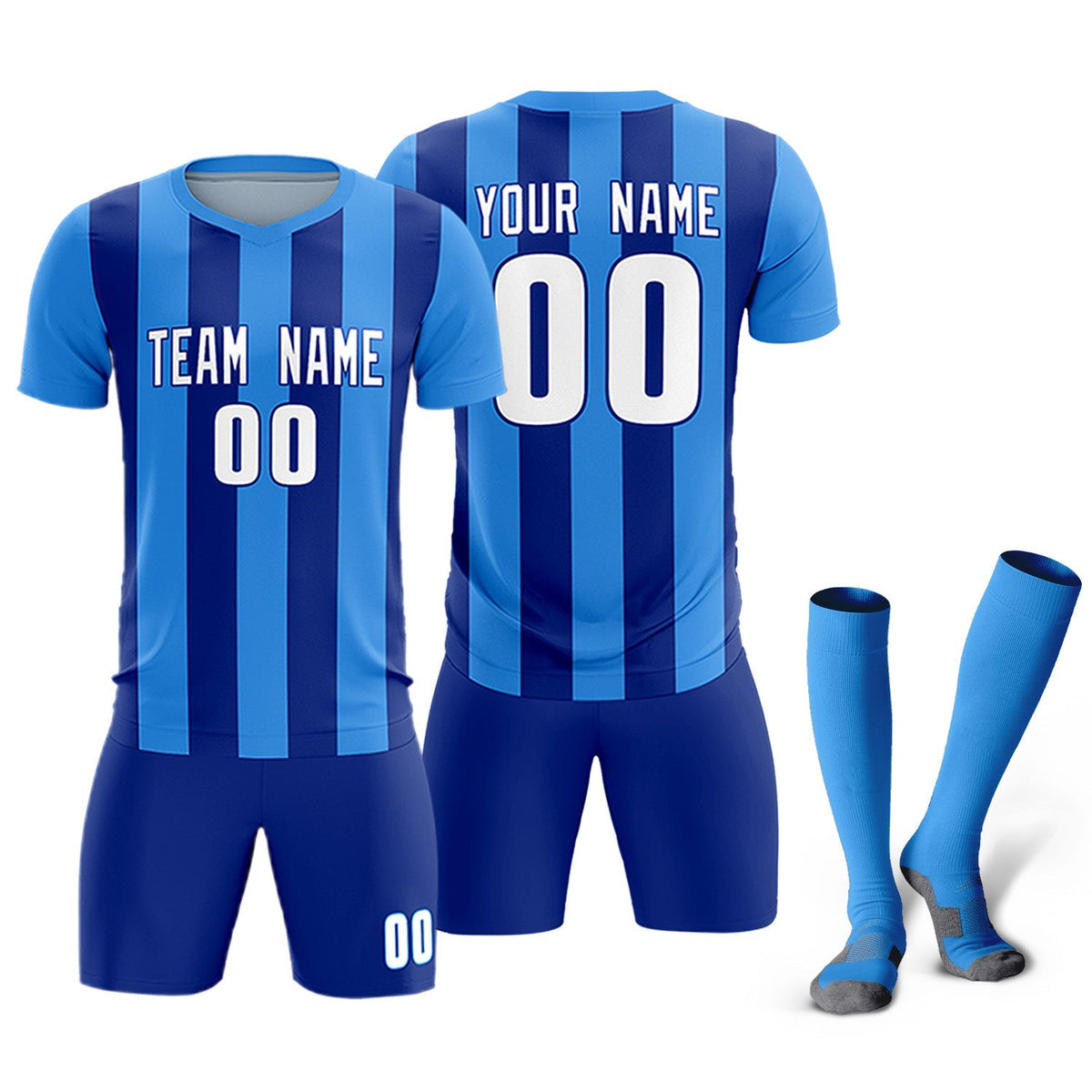Custom Powder Blue Royal Vertical Stripes Casual Outdoor Football Kits Jersey