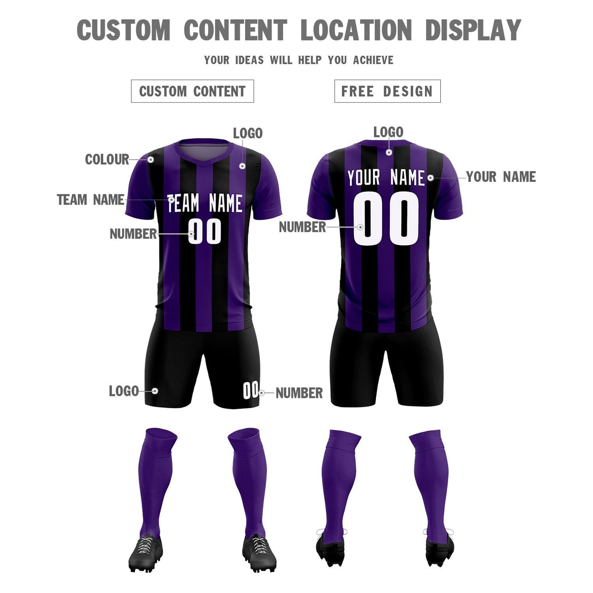 Custom Purple Black Vertical Stripes Casual Outdoor Football Kits Jersey