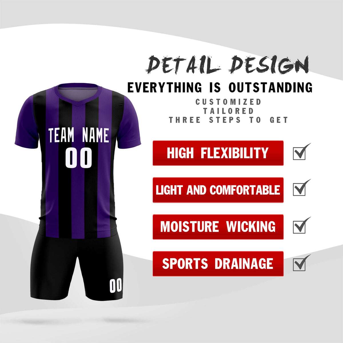 Custom Purple Black Vertical Stripes Casual Outdoor Football Kits Jersey