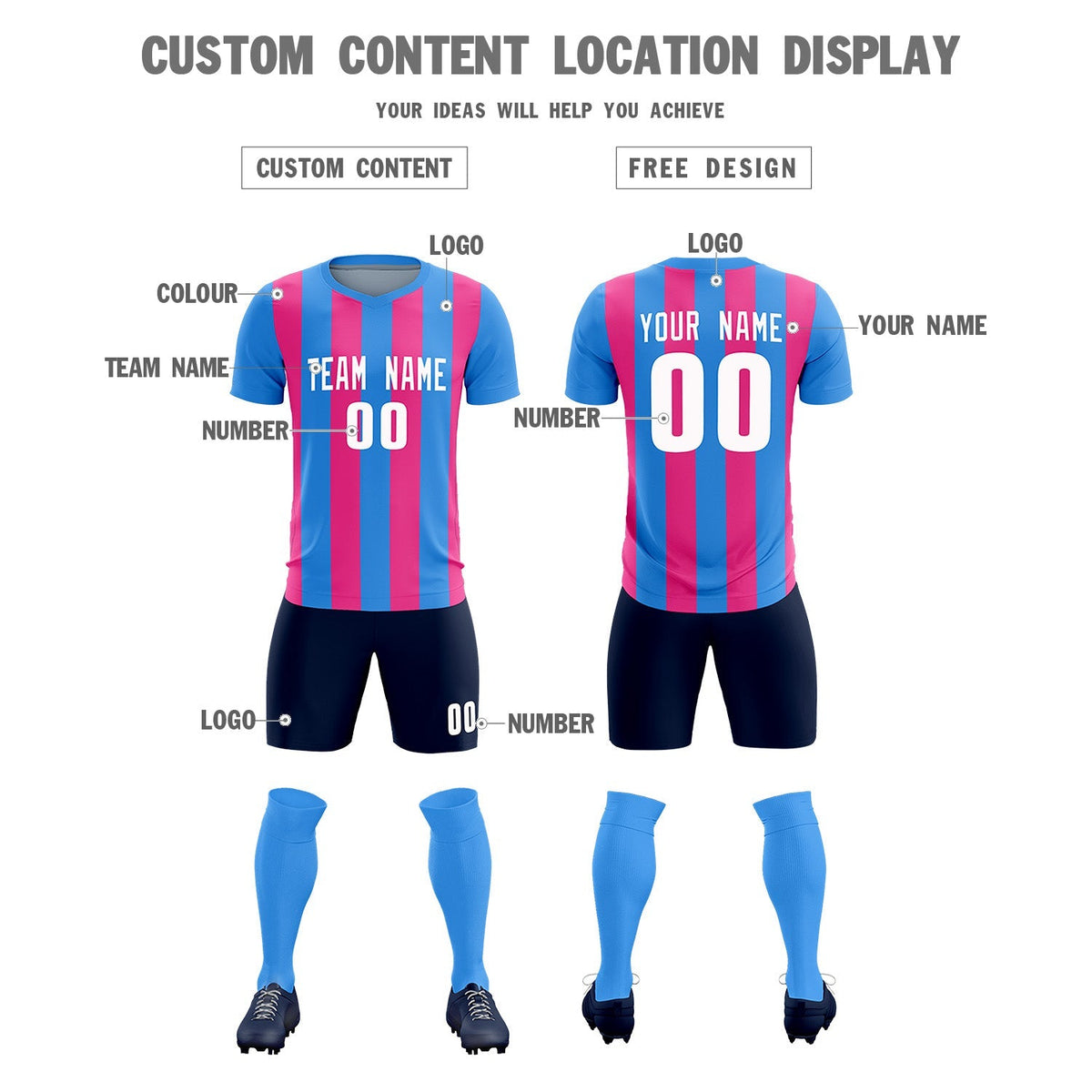 Custom Powder Blue Pink Vertical Stripes Casual Outdoor Football Kits Jersey
