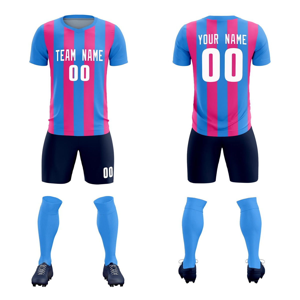 Custom Powder Blue Pink Vertical Stripes Casual Outdoor Football Kits Jersey