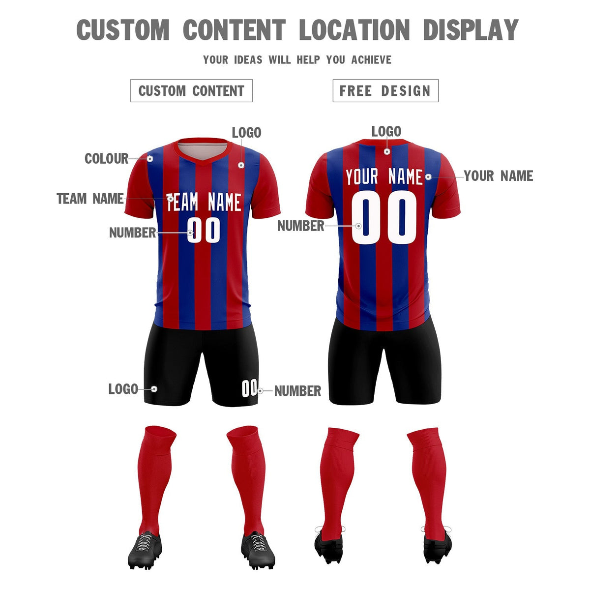 Custom Red Royal Vertical Stripes Casual Outdoor Football Kits Jersey