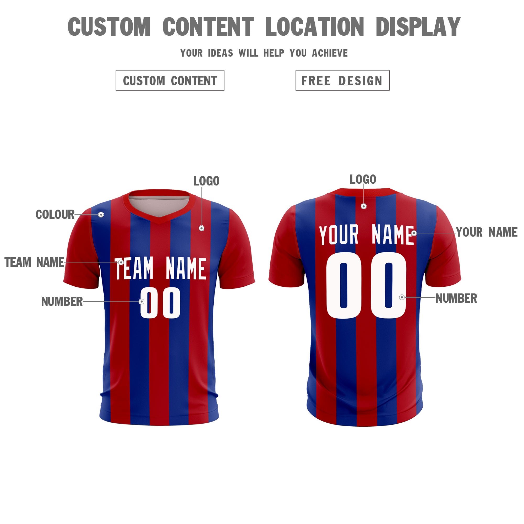 Custom Red Royal Vertical Stripes Casual Outdoor Football Kits Jersey