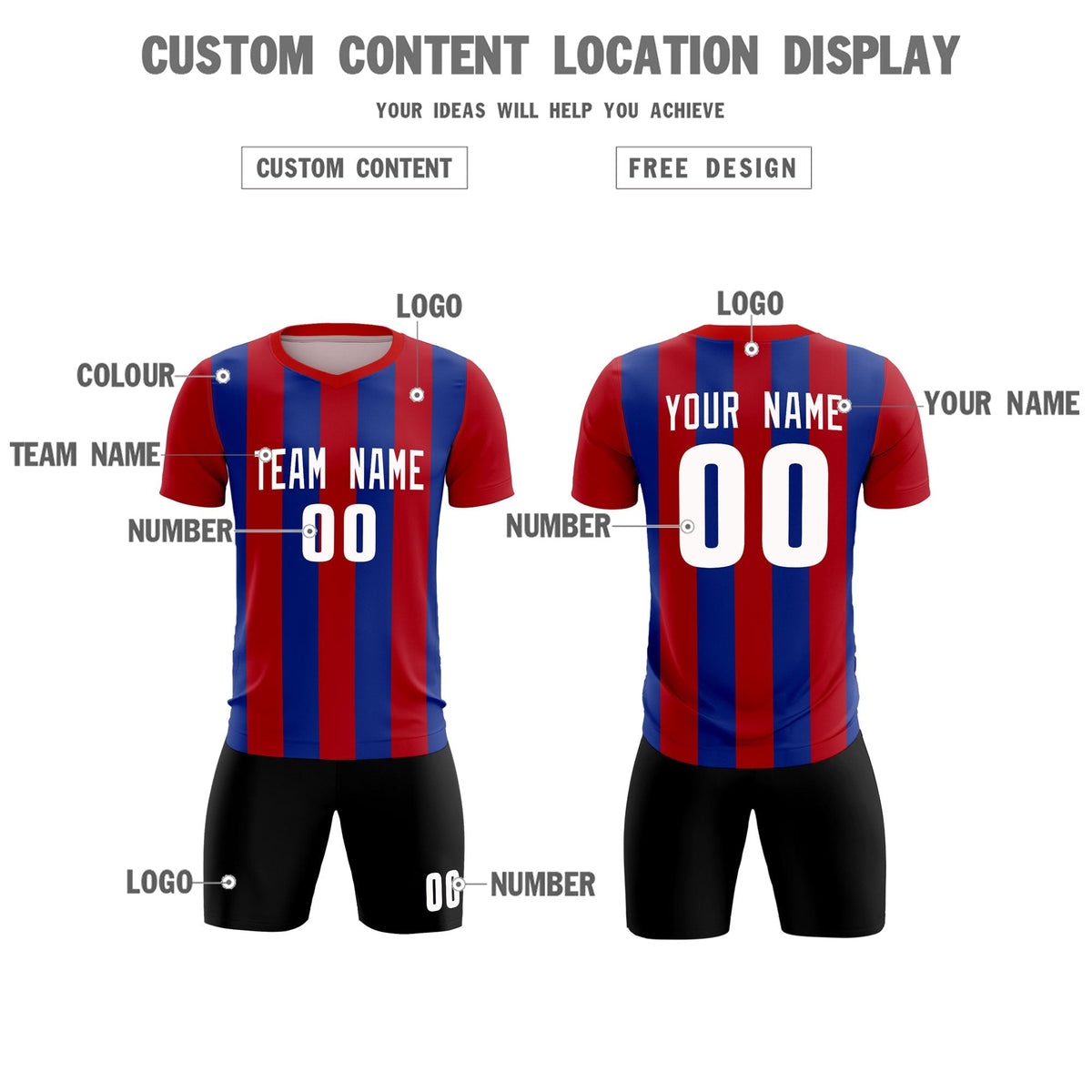 Custom Red Royal Vertical Stripes Casual Outdoor Football Kits Jersey