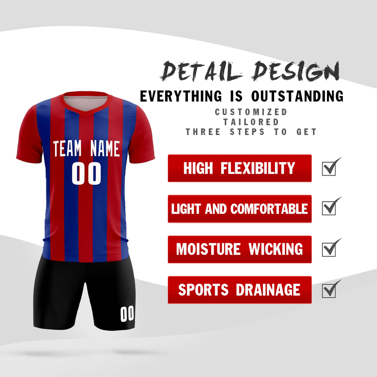 Custom Red Royal Vertical Stripes Casual Outdoor Football Kits Jersey