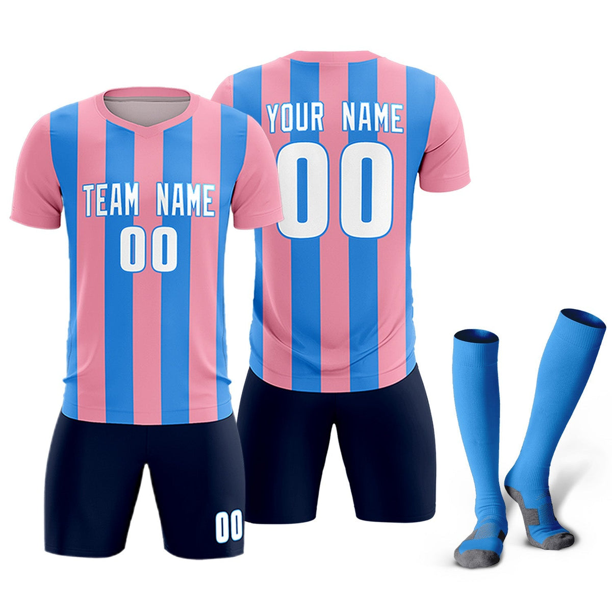 Custom Light Pink Powder Blue Vertical Stripes Casual Outdoor Football Kits Jersey
