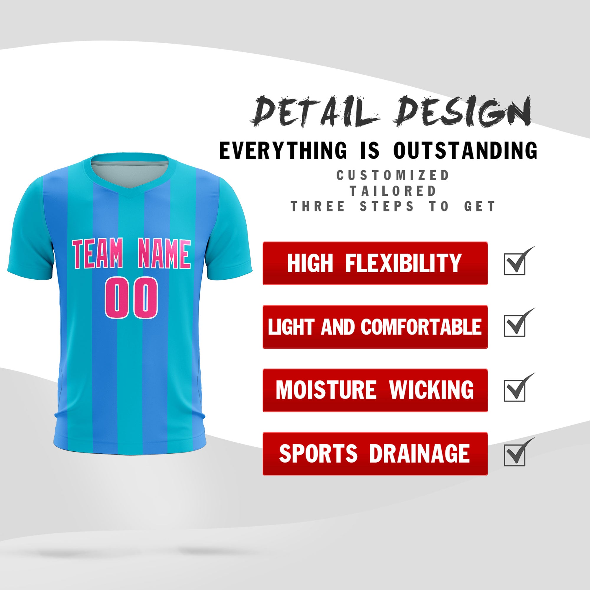 Custom Sky Blue Powder Blue Vertical Stripes Casual Outdoor Football Kits Jersey