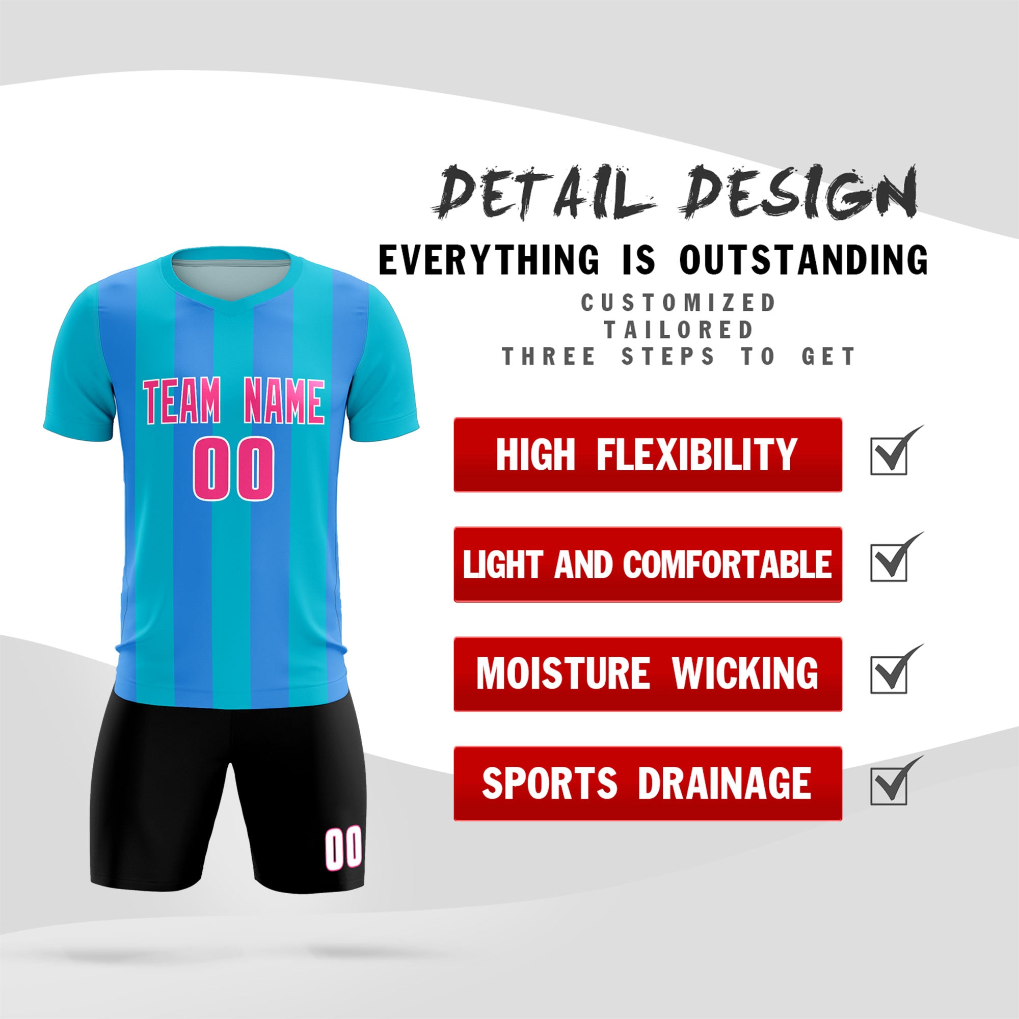 Custom Sky Blue Powder Blue Vertical Stripes Casual Outdoor Football Kits Jersey