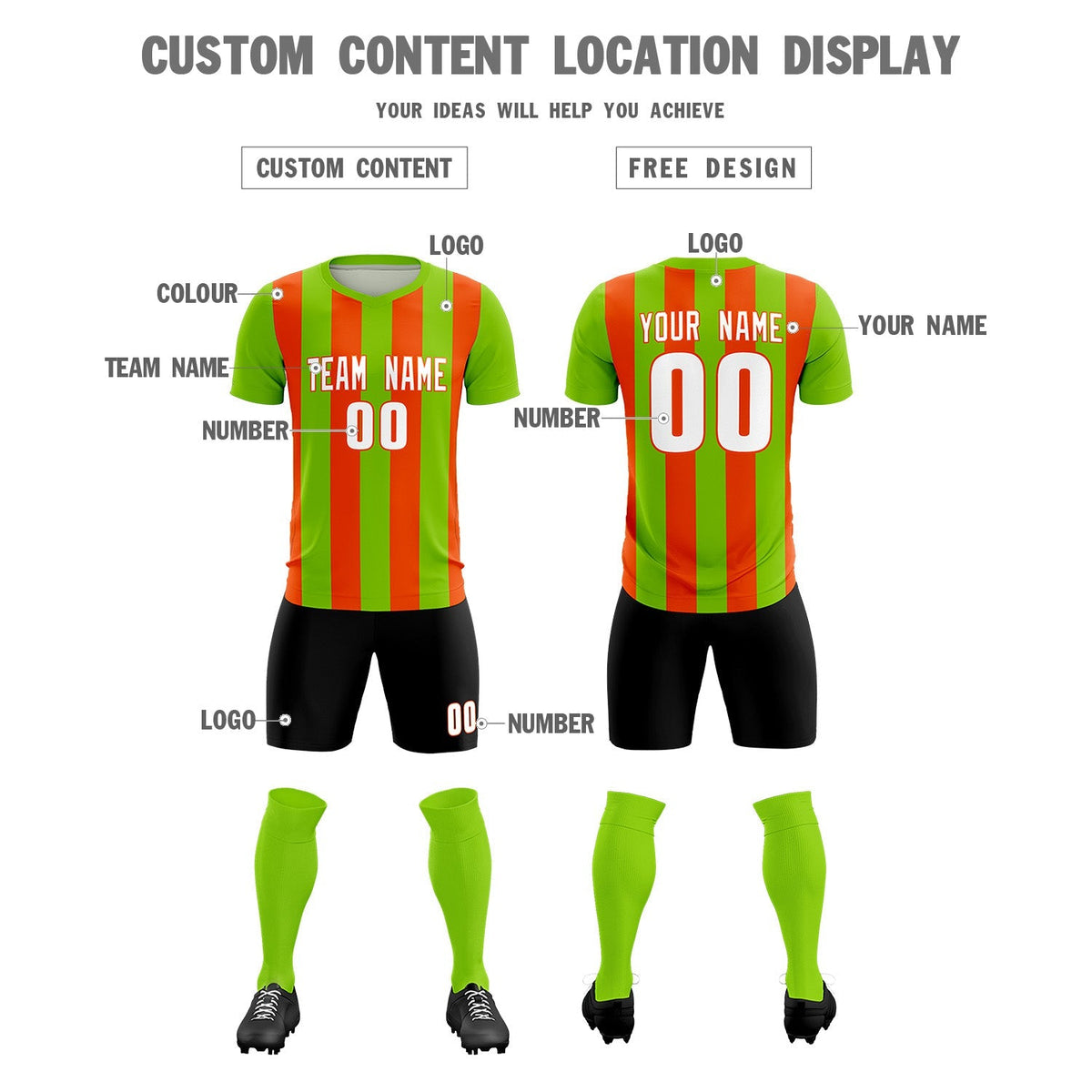 Custom Neon Green Orange Vertical Stripes Casual Outdoor Football Kits Jersey