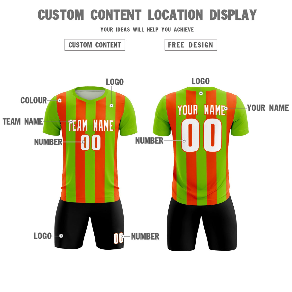 Custom Neon Green Orange Vertical Stripes Casual Outdoor Football Kits Jersey