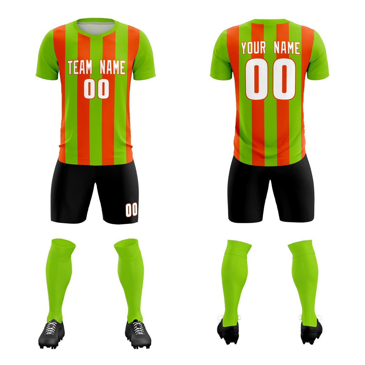 Custom Neon Green Orange Vertical Stripes Casual Outdoor Football Kits Jersey