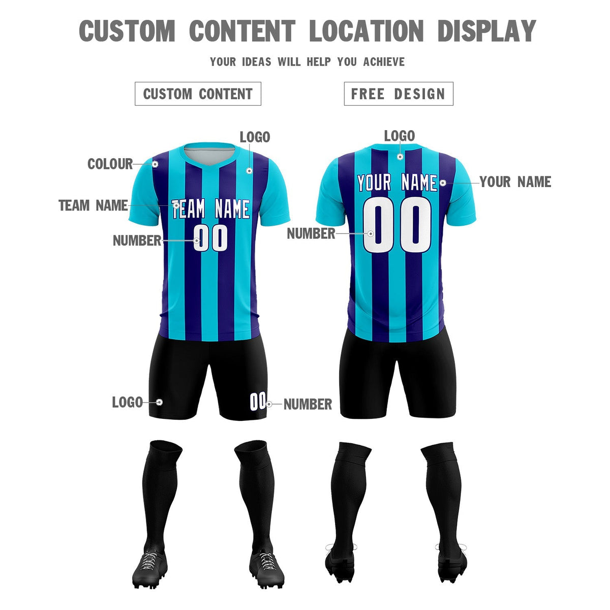 Custom Sky Blue Royal Vertical Stripes Casual Outdoor Football Kits Jersey