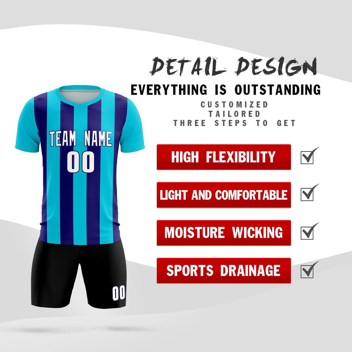 Custom Sky Blue Royal Vertical Stripes Casual Outdoor Football Kits Jersey
