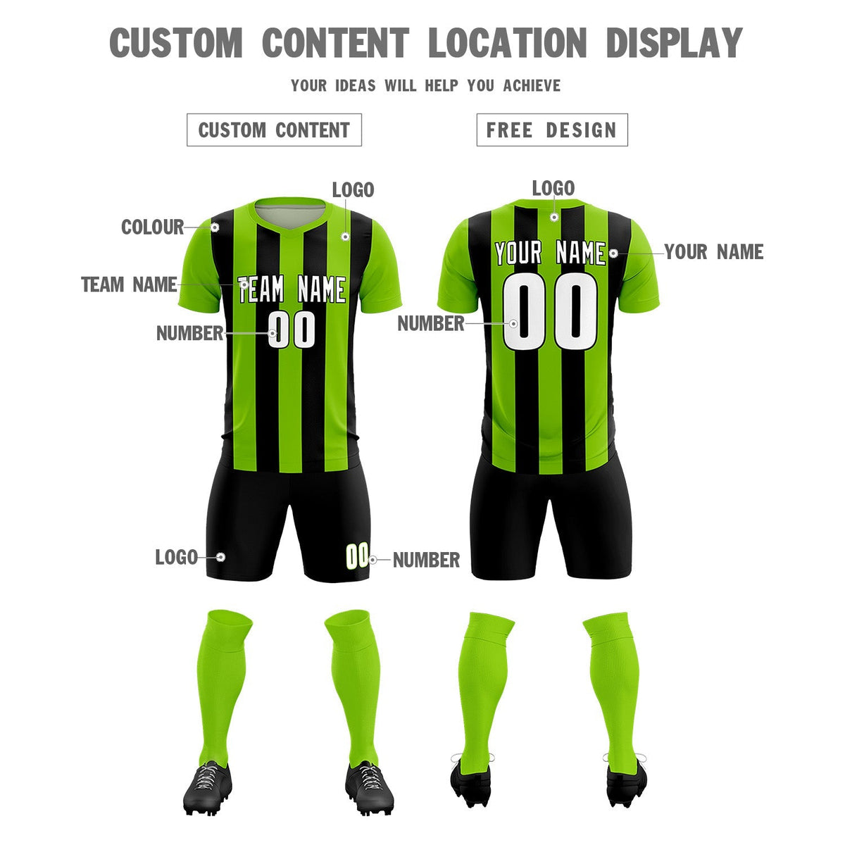 Custom Neon Green Black Vertical Stripes Casual Outdoor Football Kits Jersey